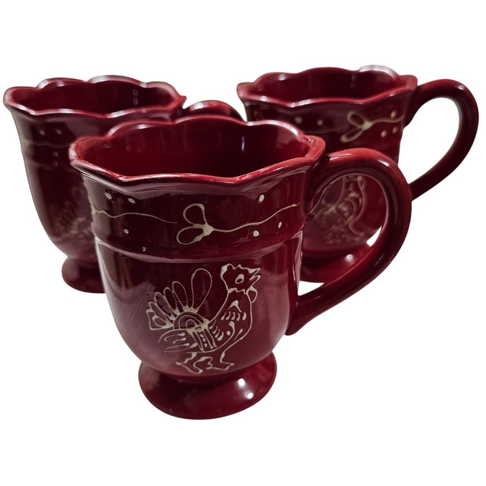 Red Pottery Rooster Mugs Rustic Farmhouse Kitchen Decor Cottagecore Retro‎ Style